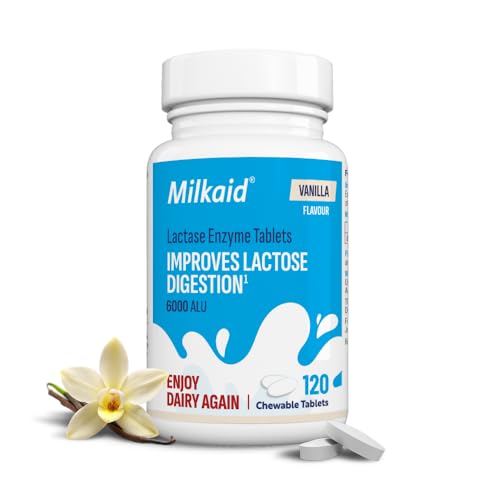 Milkaid Vanilla Lactase Enzyme Chewable Tablets for Lactose Intolerance Relief | Prevents Gas Bloating & Diarrhoea | Fast Acting Dairy Digestive Supplement | Gluten Free & Vegan | 120 Tablets