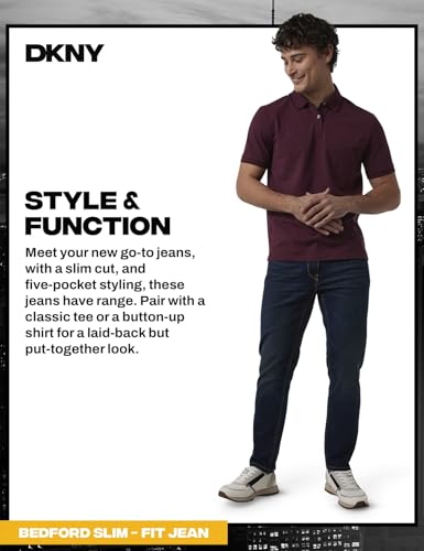 Image of DKNY Bedford Slim Fit Jeans for Men - Tapered Leg Stretch Denim Pants, Classic 5-Pocket Styling | Mens Slim Fit Jeans