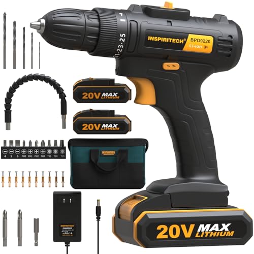 INSPIRITECH 20V Cordless Drill, Power Drill Set with 2 Batteries and Charger,3/8-Inch Chuck Electric Drill Kit with 24-Torque Setting, Drill Driver Bits and Tool Bag Included