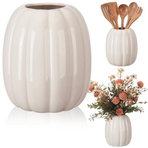 Beeveer 6.7 Inch Ceramic Pumpkin Vase Large Artificial Fake White Pumpkin Flower Vase Decorative Plant Pots for Fall Autumn Halloween Harvest Thanksgiving Farmhouses Home Room Office Decorations