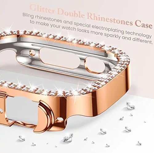 Image of AMiRiTE ADS144 Bling Diamond Rhinestone Ony Bumper Watch Case Cover Without Glass Compatible with Apple iWatch Series 49mm Ultra /Ultra 2 (49MM [ Bling CASE Combo Pack of 2 ], Rose Pink & Rose Gold)