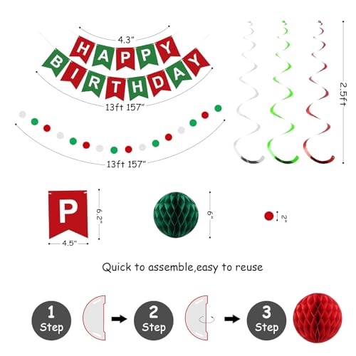 Image of Red Green and White Birthday Decorations,Christmas Happy Birthday Banner with Paper Decor Balls,Stars Hanging Swirl Streamers,Happy Birthday Decorations for Women Men Girls Boys