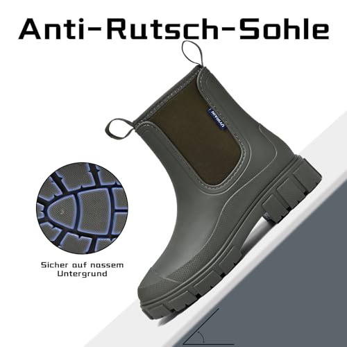 GemChve Gummistiefel Damen Gefüttert Wasserdicht Gummistiefel Halbhohe Chelsea Boots rutschfeste Stiefeletten Regenstiefel Regenschuhe Gummistiefeletten Warm Gartenschuhe Green 38EU