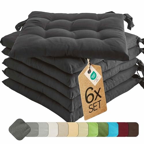 etérea 6er Set Sitzkissen Outdoor 40x40 mit Bändern - Stuhlkissen Anthrazit für Gartenstuhl & Innenbereich - waschbare Sitzauflagen Gartenmöbel - 6 Stück Kissen 40x40 cm - Anthrazit