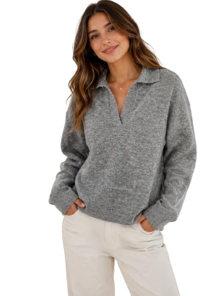 nobarr Women's Grey 100% Acrylic Collared V-Neck Sweater | Loose Fit Full Sleeve Knit Pullover | Soft Warm Casual Winter Top-picture-14