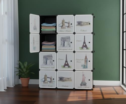 Image of KRISHYAM Kids Modular Storage Cabinet with Travel Landmark Design Doors, 12 Cube Plastic Wardrobe Organizer, DIY Closet System with Hanging Rod, Toy & Clothes Storage (Tower Print, 12 Box)