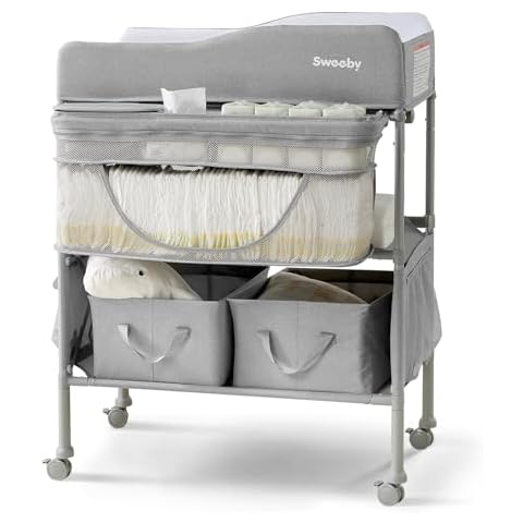 Sweeby Portable Baby Changing Table, 4 Position Height Adjustable with Lockable Wheels, 2 Storage Basket for Essentials, Waterproof Diaper Changing Tables Station Pad Topper,Light Gray Cover