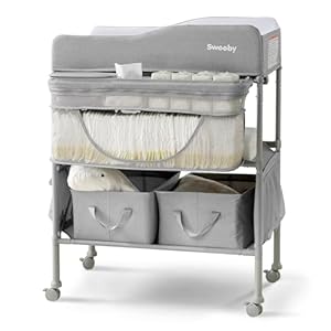 Sweeby Portable Baby Changing Table, Extra Large Hanging Diaper Organizer and 2 Basket for Essentials, 4 Position Height Adjustable, Waterproof Pad and Foldable Diaper Changing Station,Light Gray