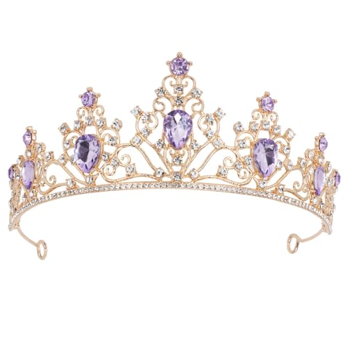 Lunaryvo Purple Gem Gold Crown Tiaras For Women Girl Crystal Mermaid Princess Tiaras for Rapunzel Birthday Prom Wedding Pageant Halloween Party