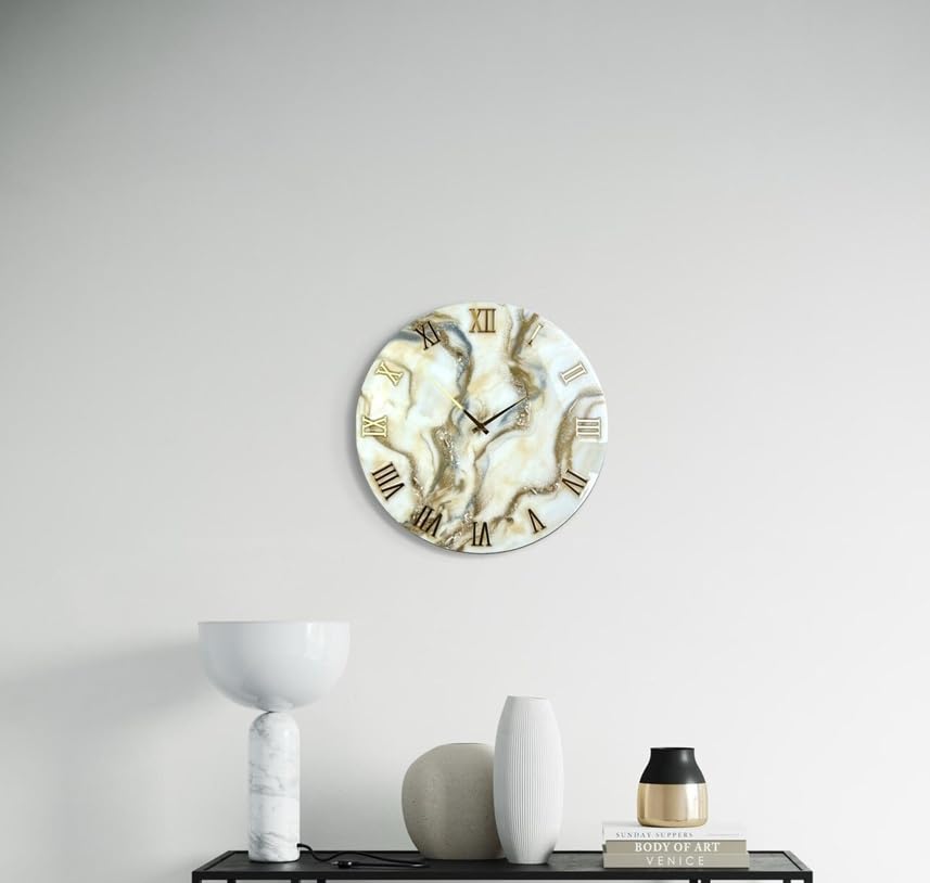 Image of Handmade Resin Wall Clock with Roman Numerals - Luxury Marble Effect Designer Wall Clock with Gold Finish, Silent Quartz Movement, Modern Home & Office Decor (White Golden)