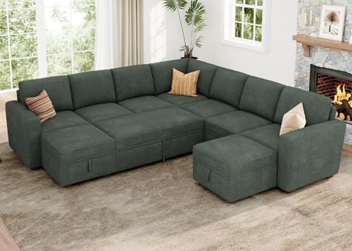 Image of HONBAY Modular Sectional Sleeper Sofa with Pull Out Couch, Corduroy Oversized Sectional Couches Pull Out Bed with U Shaped Sleeper Storage for Living Room - Green