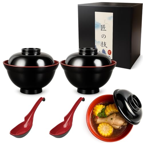 JapanBargain, Set of 2 Soup Bowl with Lid and Spoon for Miso Soup Rice Poke Donburi Noodle Pasta Cereal Black and Red Color Japanese Style with Hook Spoon, 21 oz