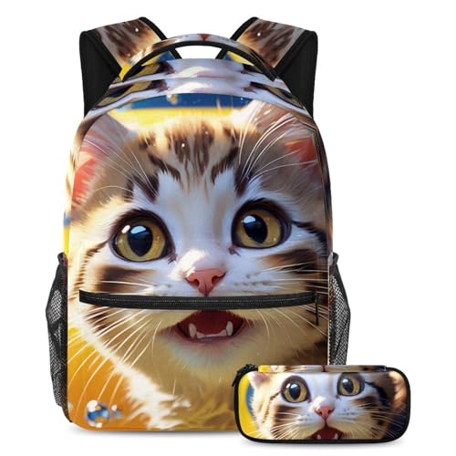 Sac à dos confortable pour le dos des ados avec trousse motif chat pour ranger classeurs