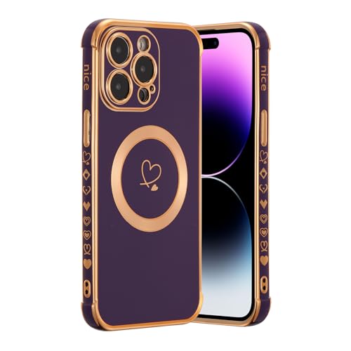 Magnetica Custodia per iPhone 15 PRO Max [Compatibile con MagSafe], Ragazza Donna Motivo Cuore d'Amore Placcatura Bordo Silicone Antiurto Protettiva Cover per iPhone 15 PRO Max-Viola
