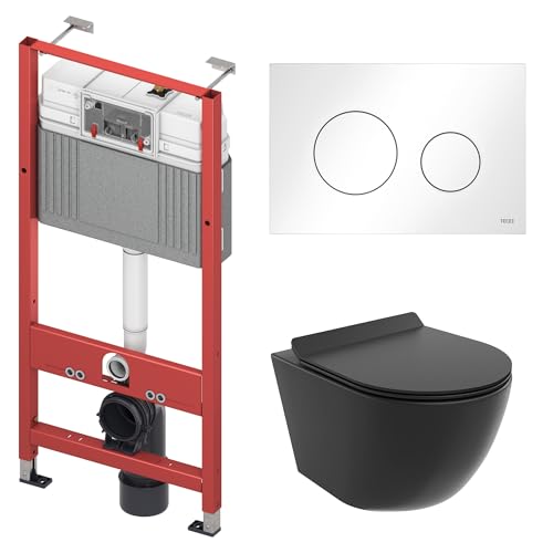 BADLAND WC-Vorwandelement Set TECEbase mit Wand-WC Rolo Schwarz, Schallschutzmatte & Betätigungsplatte Weiß – Komplettset für Trockenbau & Vorwandinstallation