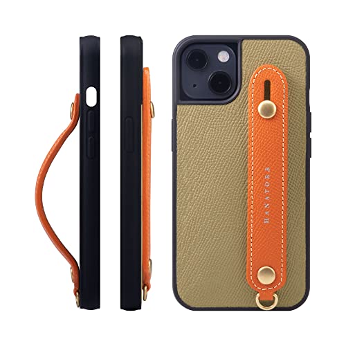 iPhone 13 ケース 本革 グリップケース エンボスレザー ストラップ付属 片手操作 スタンド機能 メンズ レディース グレージュ/オレンジ NGH-13-Grege-OG