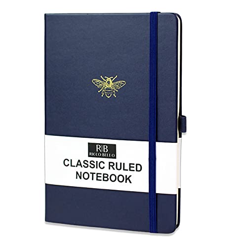 RICCO BELLO College Ruled Hardcover Lined Lay Flat Journal Notebook - Vegan Leather, Elastic Closure, Pen Loop, Bookmark, Inner Pocket, 192 Lined Pages, 5.7 x 8.4 inches (Navy Bee)