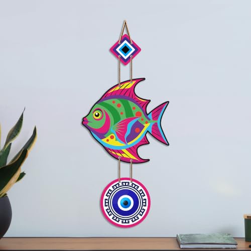 Image of Artvibes Colorful Fish Evil Eye Wall Hanging for Home Entrance | Nazar Battu MDF Decorative Wall Art | Lucky Vastu Decor for Bedroom | Office | Balcony & Living Room (WH 8532N)