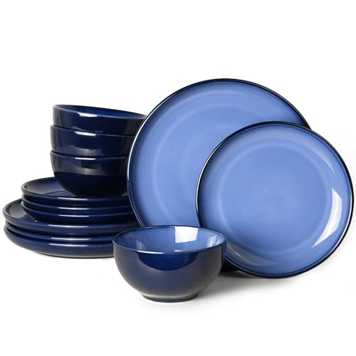 Image of Pokini Blue Stoneware Dinnerware Set, 12 pcs Reactive Glaze Plates and Bowls Sets, Handmade Round Dishes Set for 4, Highly Chip and Crack Resistant Modern Plate Set