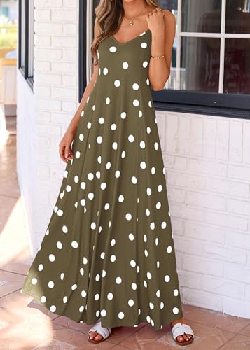Image of KIRUNDO Womens Polka Dot Spaghetti Strap Flowy Maxi Dress | Sleeveless V Neck Boho Long Dresses, 2026 Summer Beach Vacation Cruise Outfits, A-Line Backless Sundress With Pockets