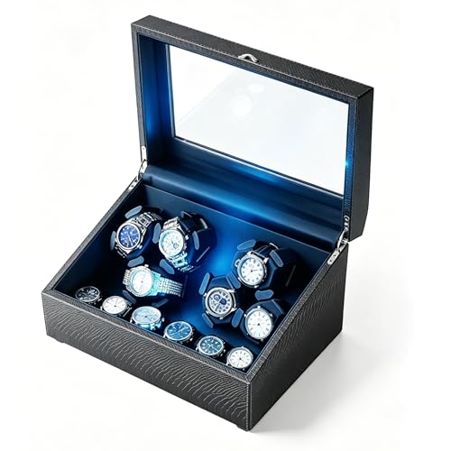 Image of J&T Technology Watch Winder for Automatic Watches,Automatic Watch Winder with LED Light,6 Watch Winder + 6 Storage Case with Quiet Motor for Man /Woman's Watches(PU Snake Skin)