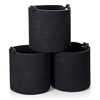 CLHMILY&Z 3 Pack Round Woven Cotton Storage Bins 11x11x11 Inch Collapsible Organizer Baskets for Cube Shelves Kids Room Closet and Home Decor Soft Durable Washable, black