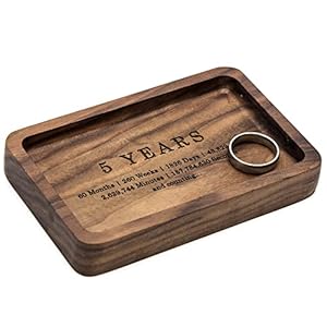 MUUJEE 5 Years Ring Dish – Engraved Small Wooden Jewelry Tray Trinket Dish Wood Gift for 5 Year Wedding Anniversary…