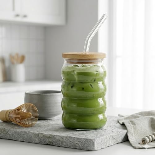 Image of Nuvelle Glass Mug Tumbler with Bamboo Lid and Straw 520ml, for Cold Drinks, Smoothies, Coffee | Ripple Wave Spiral Ring Cup | Coffee Glass Tumbler with Bamboo Lid and Straw (Grey Silver)