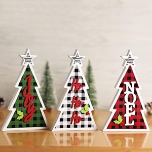 OYATON Wood Christmas Tree Sign Decor – 3 Pack Small Buffalo Plaid Christmas Table Decor Wooden Signs for Tiered Tray or…
