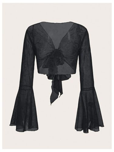 SOLY HUX Womens Fairy Bell Sleeve Top Floral Lace Tie Front Crop Cardigan Y2k2