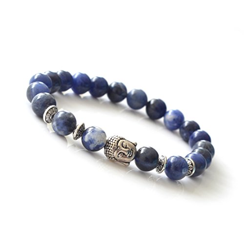 JOYA GIFT Natural Sodalite 8MM Round Beads Buddha Head Gemstone Chakra Bracelet for Women Charms Jewelry