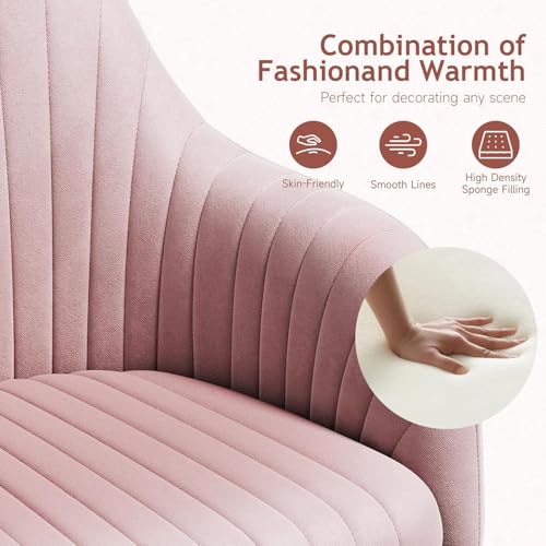Image of AZAKEE Velvet Office Chair with Wheels & Armrests - Mid-Back Swivel Desk Chair for Home Office, Study, Bedroom & Vanity - Adjustable Height, Comfortable & Stylish (Pink)