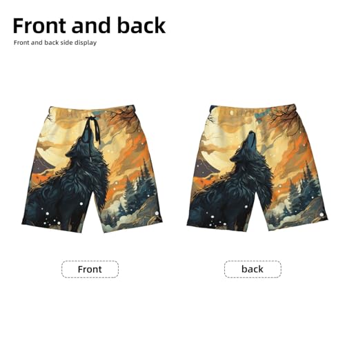 Boys Swim Trunks Beach Board Shorts Summer Bathing Suits Teen Kids, Wolf Howling Moon Cool Art2
