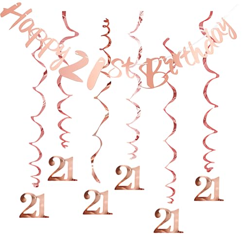 21st Birthday Decorations for Her Rose Gold Happy Birthday Banner with 6 Hanging Swirls Party Decor Supplies for Women 21st Birthday Table Decorations