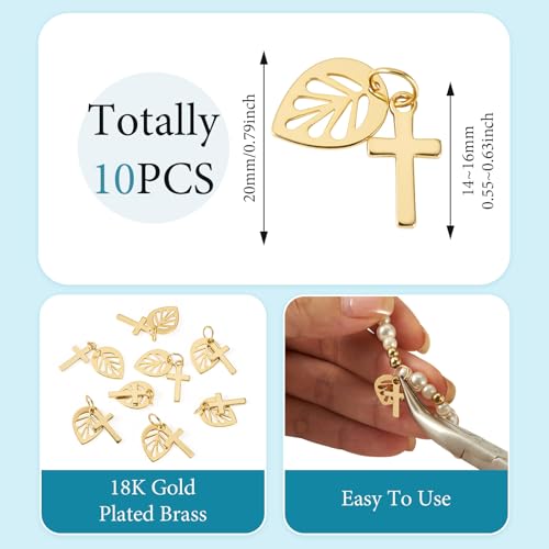 Image of 10Pcs 18K Gold Plated Cross Charms Brass Golden Crucifix with Leaf Pendants Permant Metal Jewelry Charms with Jump Ring for DIY Bracelet Necklace Earring Jewelry Making