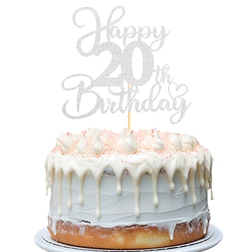 Sotpot 1PC Happy 20th Birthday Cake Topper, Double Sided Silver Glitter Cake Pick for 20th Birthday Anniversary Party Decorations
