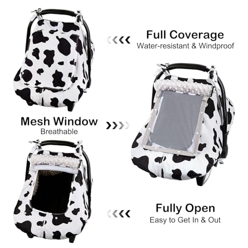 Image of FIOBEE Baby Car Seat Cover, Car Seat Covers for Babies Infant Car Seat Canopy with Breathable Mesh Window Waterproof Carseat Cover for Babies Boy Girl 4 Seasons, White /Cow