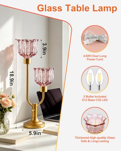 Image of Lightdot Mid Century Modern Table Lamp Vintage Flower Lamp Gift Dimmable | Pink Glass Nightstand Lamp Gold Desk Lamp 2 Bulbs Included Warmwhite Ambient Bedside Lamps for Bedroom Living Room Home Decor
