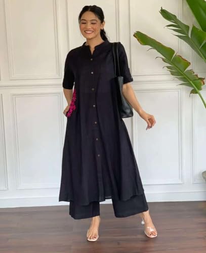 Image of Women's Cotton Embroiderd Long A-Line Kurti with Palazzo
