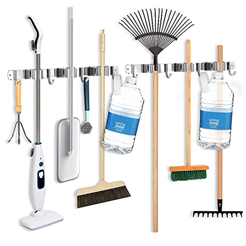 Mop and Broom Holder Wall Mount by AAB SUS 304 Stainless Steel Storage and Organization Garden Tool OrganizerÂ with 3 Racks 4 Hooks for Laundry Room Garage Closet Kitchen