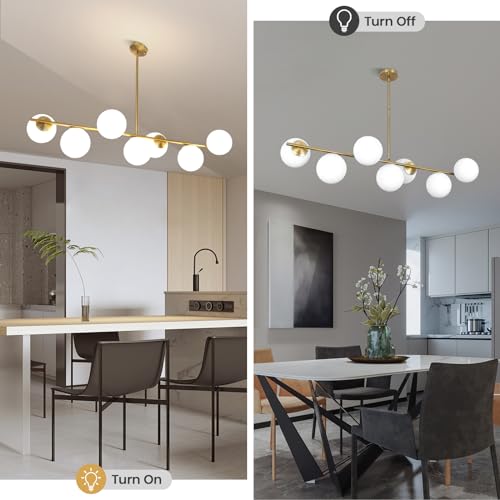 KELUOLY Linear Chandelier for Dining Room, 7-Light Gold Mid Century Pendant Light, 45" Modern Sputnik Kitchen Light Fixture Brushed Brass Finish with White Glass Lampshade for Office, Cafe, bar by KELUOLY - Used condition - Image 5