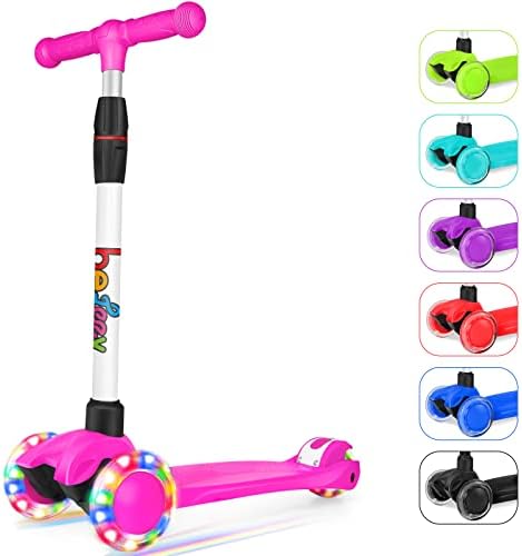 BELEEV Scooter for Kids Ages 3-12, 3 Wheel Kick Scooter for Toddlers Girls Boys, Adjustable Height, Lean to Steer, Light up Wheels, Extra-Wide Deck, Lightweight Push Scooter for Children (Pink)