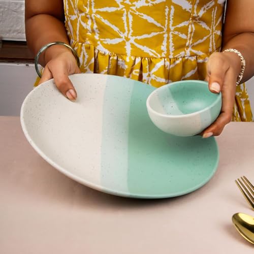 Image of The Earth Store Handcrafted TT Green Matte Ceramic Dinner Set, 30 Pieces Serving for 6, Microwave and Dishwasher Safe, Bone-Ash Free, Dinner Sets | Crockery Set for Gifting & Dining