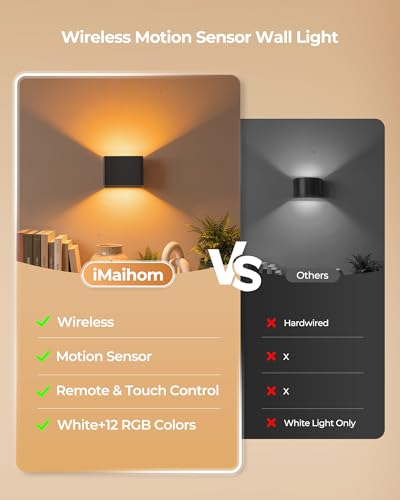 Motion Sensor Wall Lights with Remote, 5000mAh Rechargeable Battery Operated Wall Sconces, Wireless Indoor Up Down Lights, 12 RGB Colors, Warm Orange & Cool White for Hallway Stairs Bedroom, 2 Pack - image 8