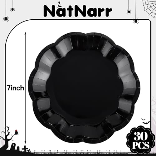 Image of 30 Pcs Black Paper Plates, 7 Inch Scalloped Halloween Plates Disposable