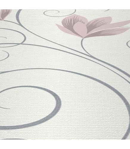 Papier peint motif floral romantique rose & gris | Tapisserie fleurie beige & rose idéale salon | Papier peint intissé chambre fille