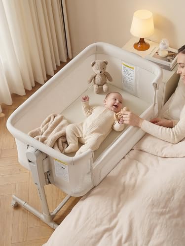 Image of ONTHEWEI Baby Bassinet Bedside Sleeper 3-in-1, Easy Night Feeding with One-Side Fold & Rolling Wheels, Breathable Mesh, 6-Height Adjustable, Soft Mattress for Newborns