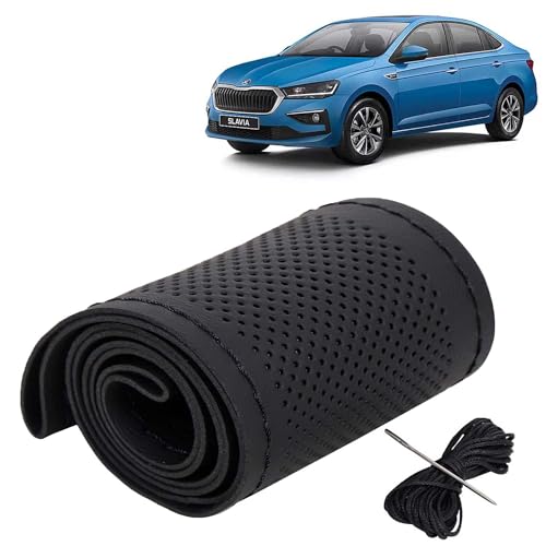Image of KINGSWAY PU Leatherite Car Steering Cover Sewable Compatible with Skoda Slavia (Year 2022 Onwards), Black Color with Black Thread, Pack of 1 with Sewing Needle and Thread