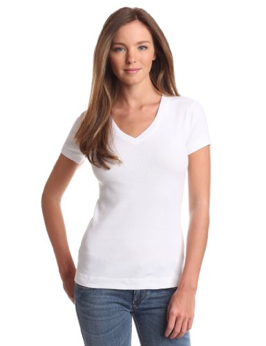 Three Dots Women's Shortsleeve Mid-V Neck Tee,White,X-Large