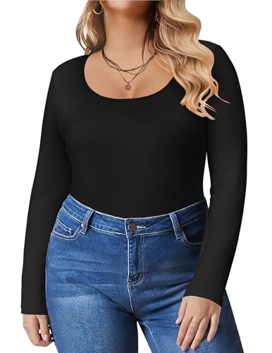 IN'VOLAND Women's Plus Size Long Sleeve Shirts Scoop Neck Slim Fitted T Shirt Stretchy Bodycon Basic Tee Tops